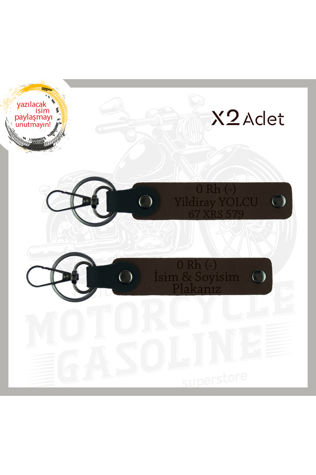 Dark Coffee, Biker Style Special, Name Plate and 0 Rh (-) Blood Type Written Gift 2'Li Keychain