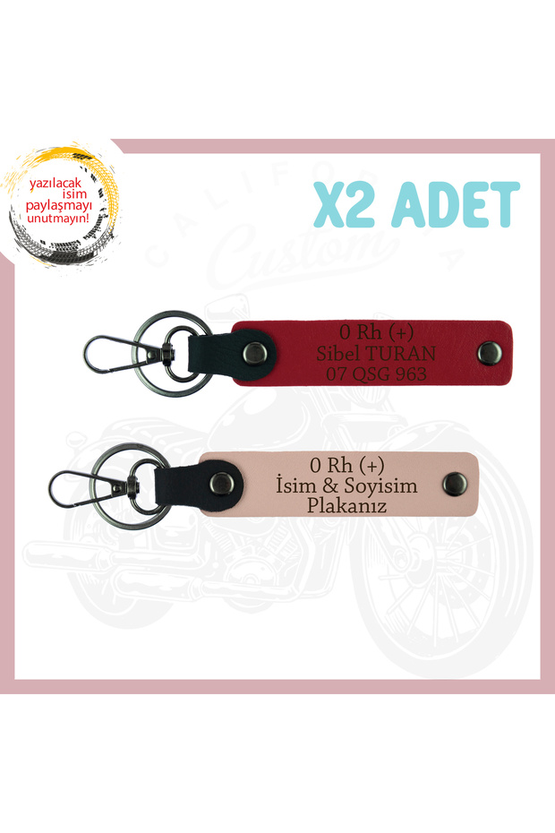 Yavruağzı-Red, Special for Biker's Loved Ones, Leather 2-Piece Keychain with Name Plate and 0 Rh (+) Written