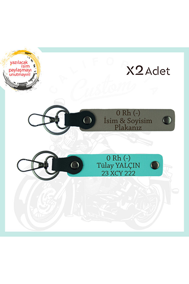 Ash Gray-Turquoise, Name Plate and 0 Rh (-) Blood Type Written Meaningful Gift Set of 2 Keychains