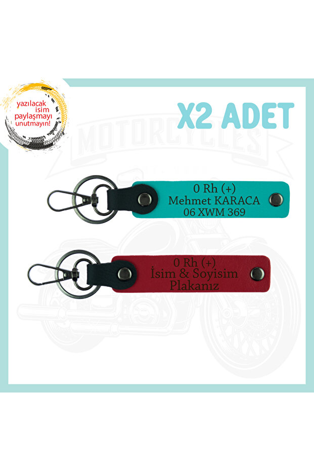 Red-Dark Turquoise, Biker Style Special, 2-Piece Keychain with Nameplate and 0 Rh (+) Blood Type Lettering