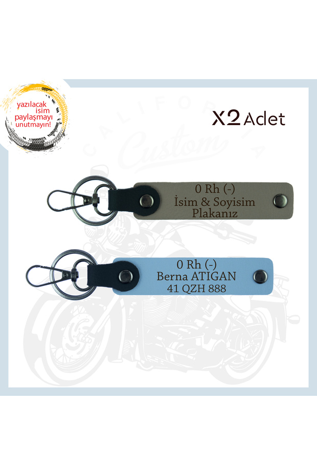 Ash Grey-Sky Blue, to Motorcycle Lovers, Set of 2 Keychains with Nameplate and 0 Rh (-) Blood Type