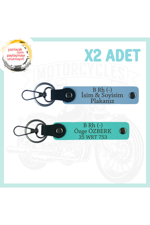 Name Plate and B - Blood Type Written, Set of 2 Keychains, Sky Blue-Turquoise, Special for Motorcycle Lovers