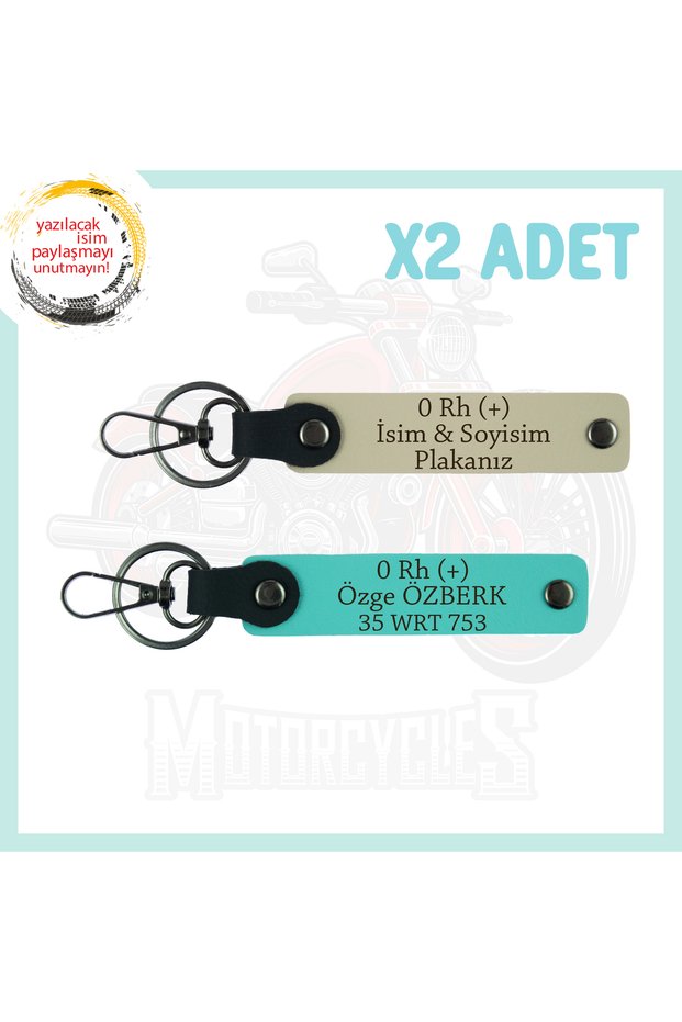 Milky Coffee-Turquoise, Special for Motorcycle Lovers, 2-Piece Keychain with Name Plate and 0 + Blood Type Lettering