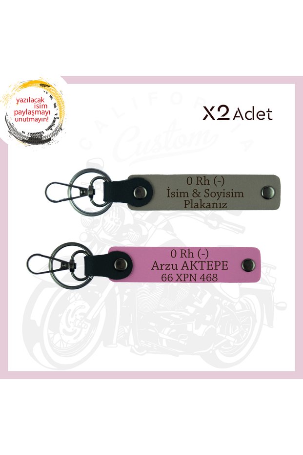 Ash Grey-Pink, Motorcyclist Rider, Name Plate and 0 Rh (-) Blood Group Written, Set of 2 Keychains