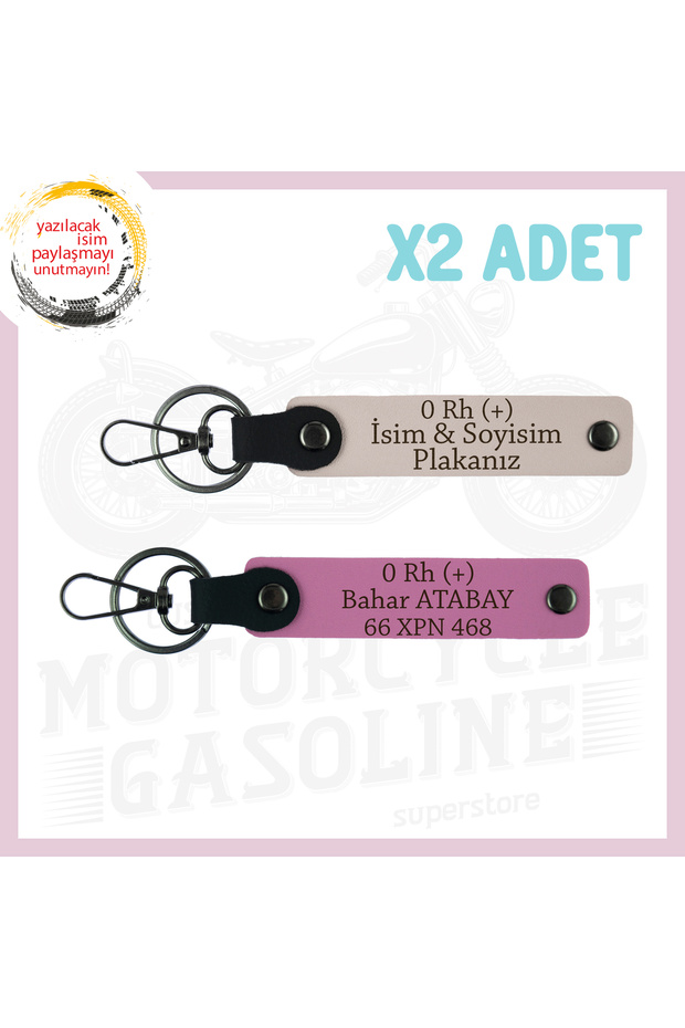 Powder-Pink, for Motor Lovers, Special Design Leather 2-Piece Keychain with Name Plate and 0 + Blood Type Written