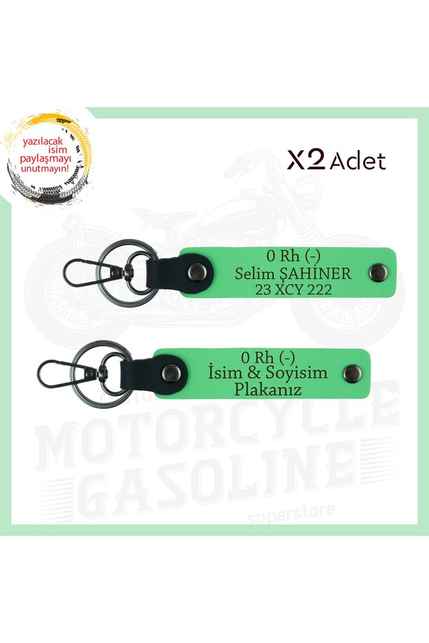 Emergency 2-Key Chain with Name Plate and 0 (-) Blood Type Written for Motorcycle Enthusiasts, F. Green