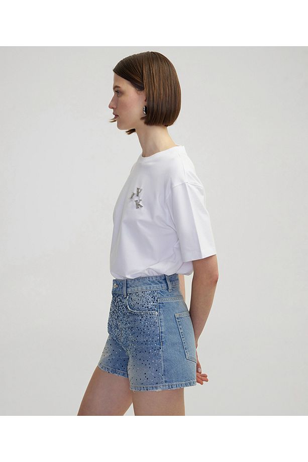 Hotfix baskılı denim şort - 5