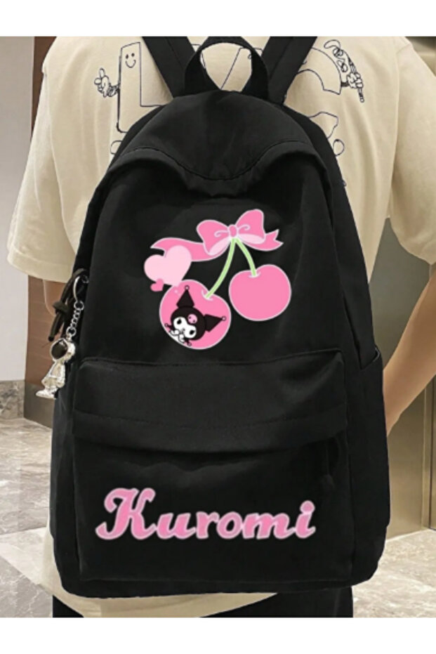 DREICH Kuromi Pink Cherry مطبوع مزدوج للمدرسة، وغرفة الدراسة، وحقيبة ظهر للجيب الأمامي