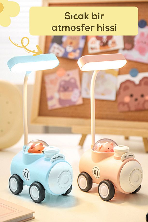 Sevimli Oyuncak Tren, 360 dönebilen Kalem Traş Özellikli LED Gece Lambası-Mavi - 3