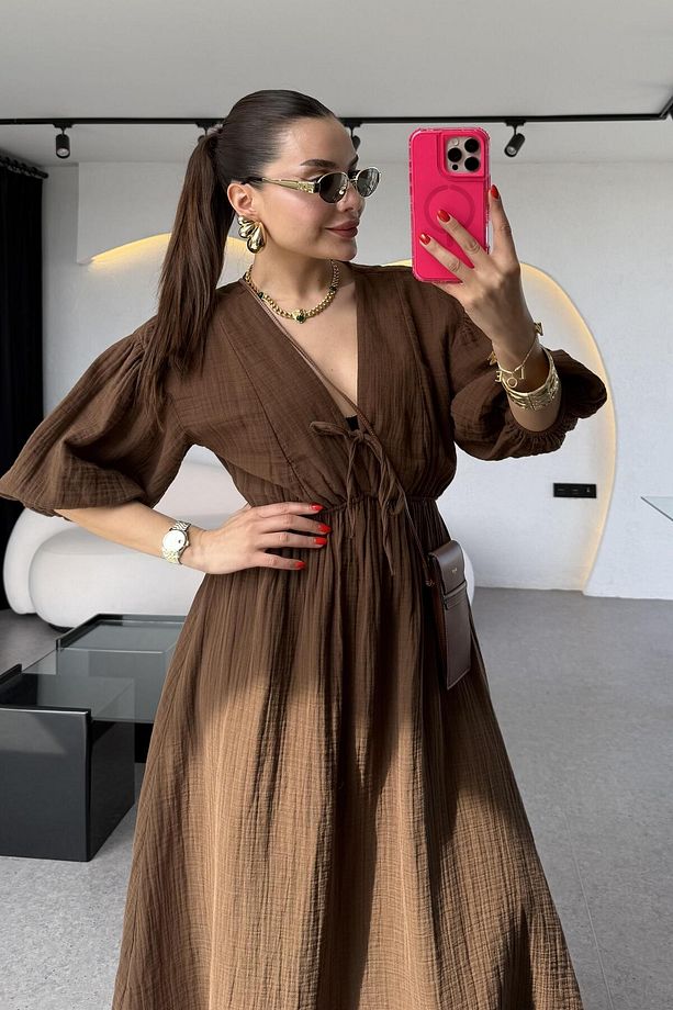 Leydia Acı Kahve Müslin Elbise - 3