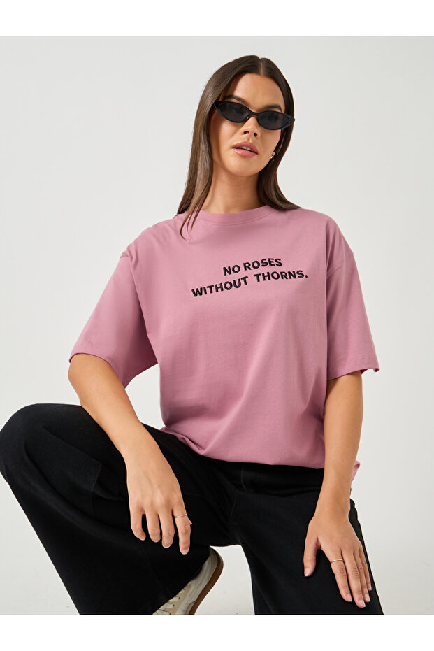 Slogan Embroidered Round Neck Oversized T-Shirt
