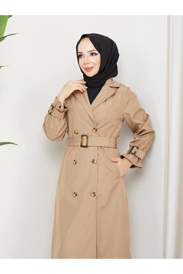 Modest Double Breasted Collar Waterproof Belted Trench Coat Rc1103013