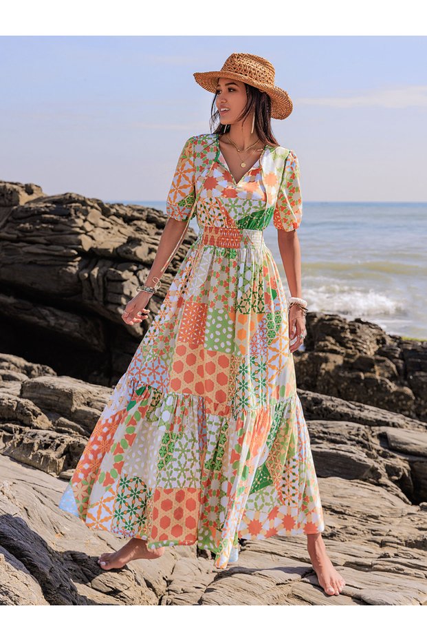 Printed Balloon Sleeve Tie-Up Neck Maxi Dress