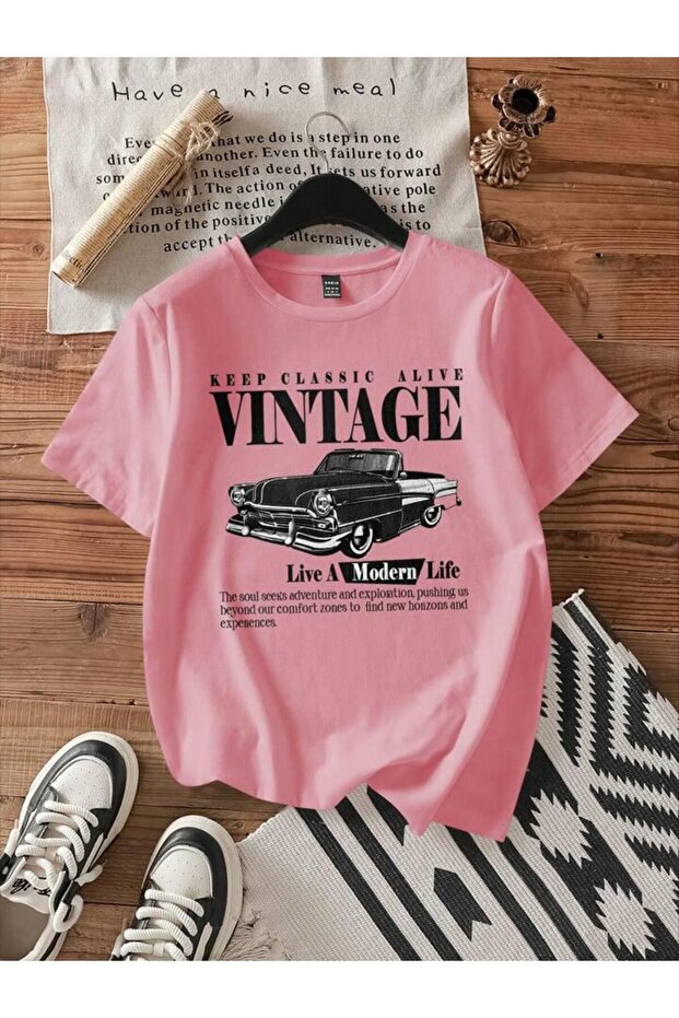 Pink Vitange Printed Oversize T-Shirt