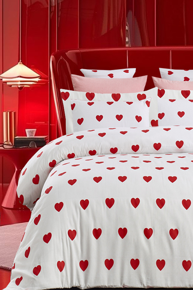 Lastikli Çarşaflı Nevresim Takımı Çift Kişilik Minik Kalpler Kırmızı - 2