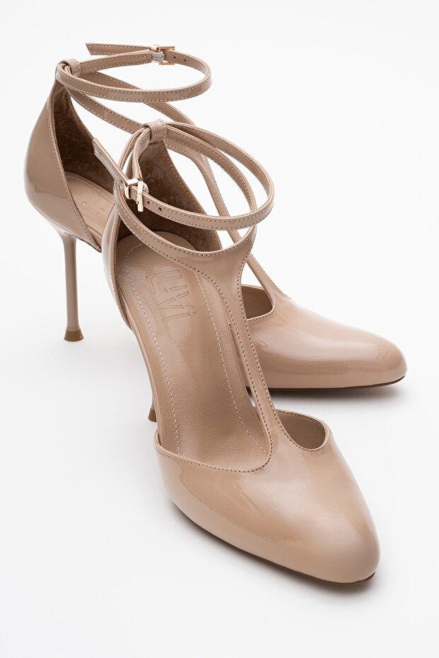 Jon Beige Patent Leather Women's Thin Heeled Shoes