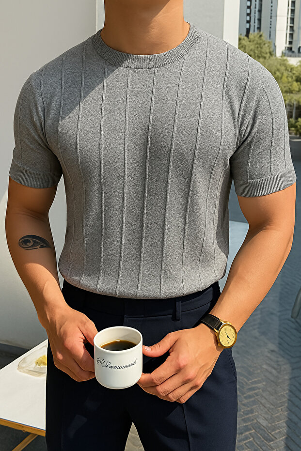 Gri Örme Triko Tshirt
