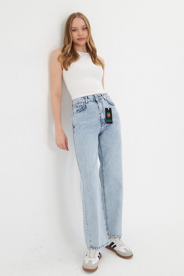 Kadın Buz Mavi Boru Paça Yüksek Bel Regular Fit Pantolon - 3