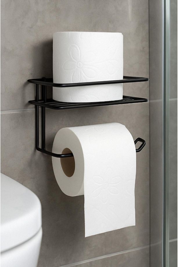Yedekli Yapışkanlı Tuvalet Kağıdı Tutacağı Yedekli Tuvalet Kağıtlığı Wc Kağıtlık Tutucu Askısı Siyah - 1