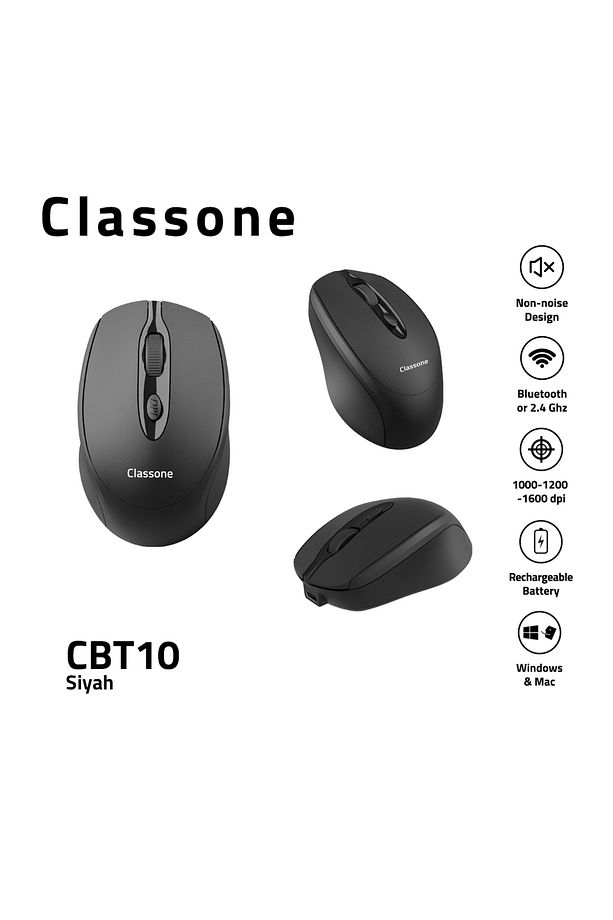 CBT10 Bluetooth + 2.4 Ghz Şarj Edilebilir Kablosuz Mouse - Siyah - 1