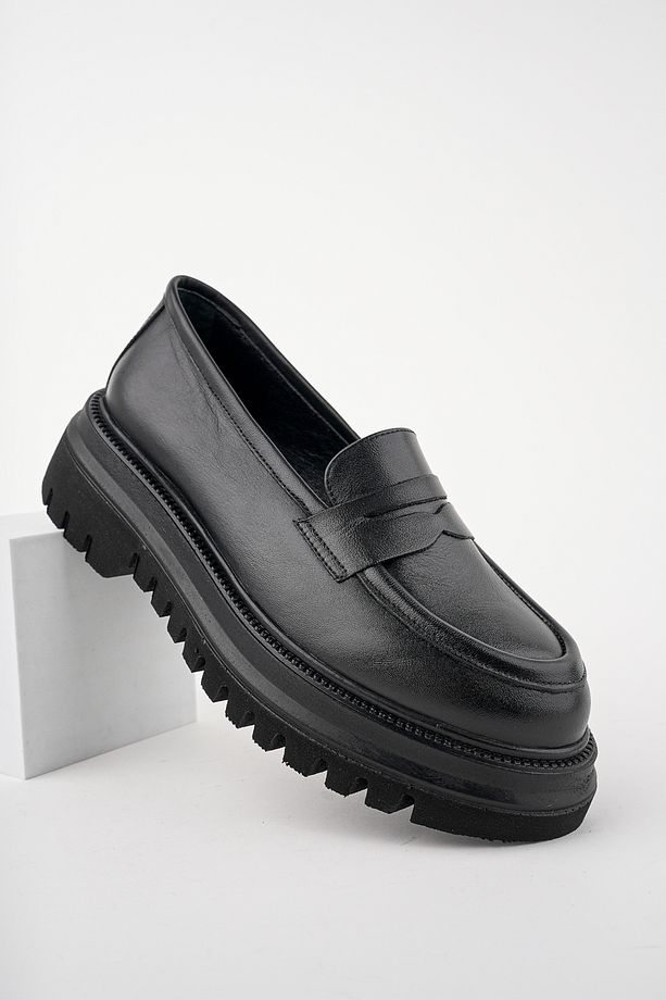 Siyah Hakiki Deri Kalın Tabanlı Kadın Loafer Ayakkabı Platform loafer Yüksek Taban Mokasen Ayakkabı - 3