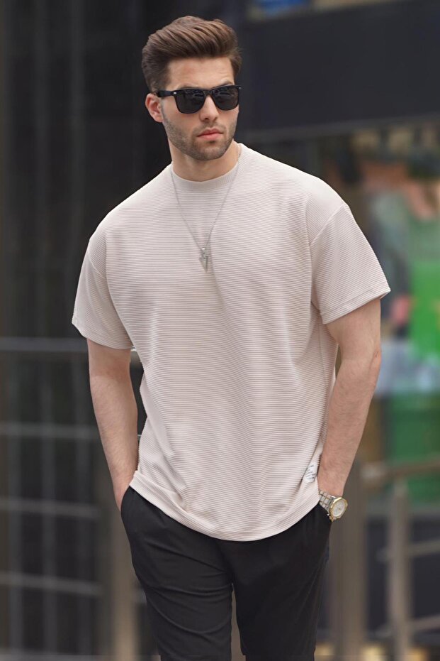 Bej Oversize Basic Erkek Tişört 6127 - 1