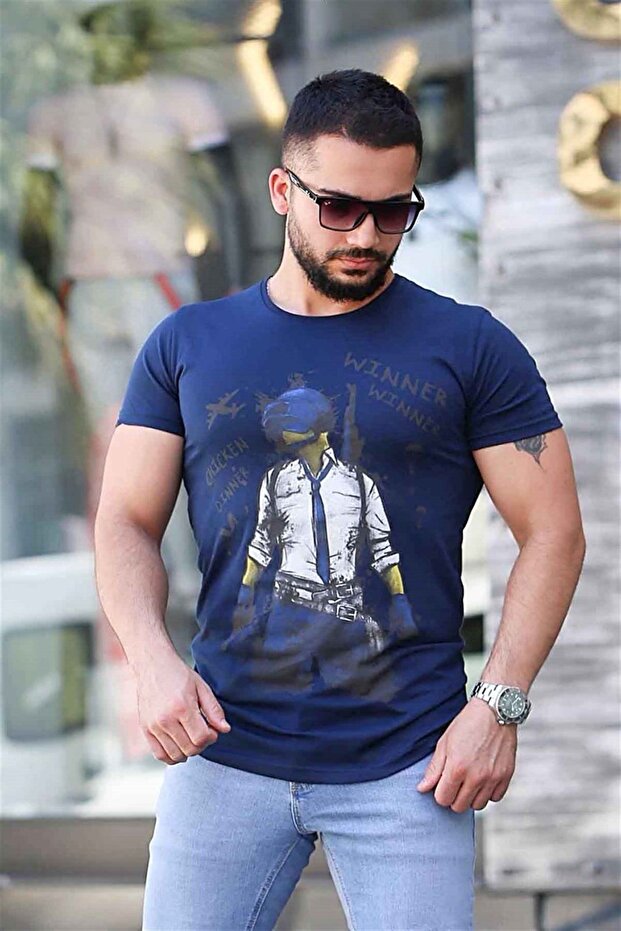 تي شيرت مطبوع باللون الأزرق الداكن 4028