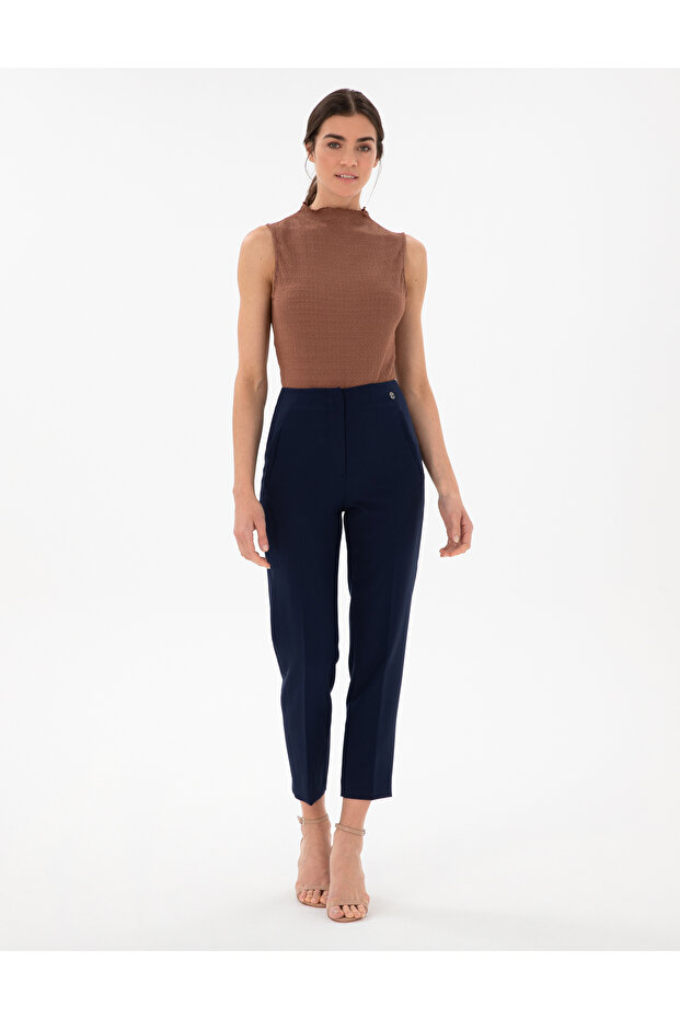 Navy Blue Carrot Fit Fabric Trousers 50299833 -Vr033