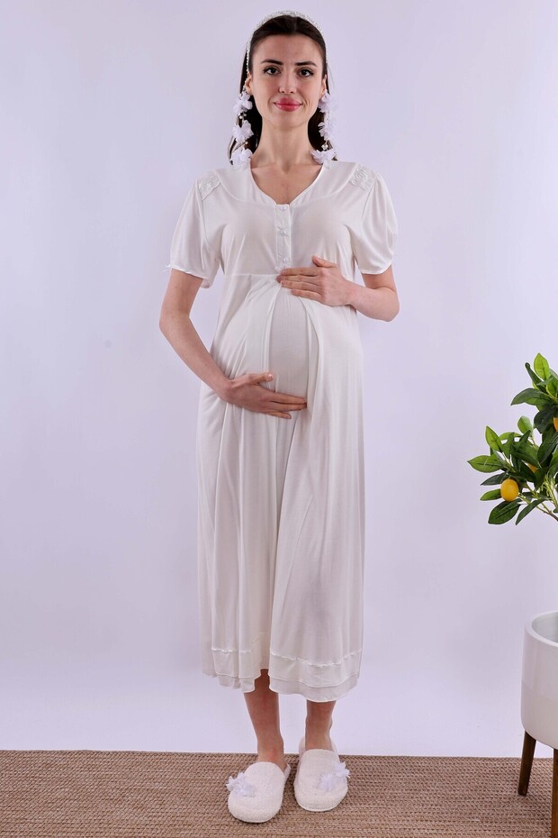 Cotton Maternity Nightgown with Breastfeeding Feature Effortt - Ecru