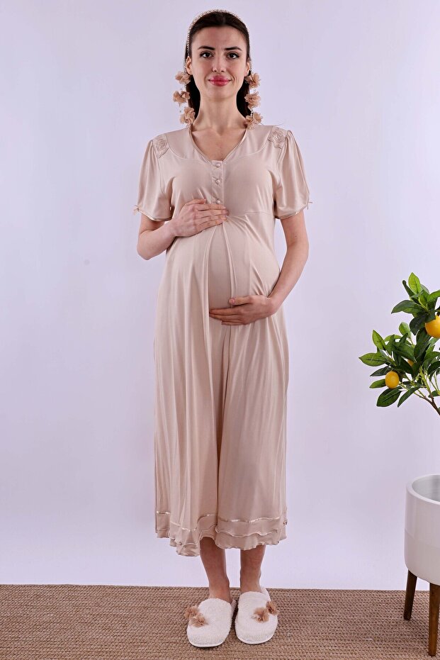 Cotton Maternity Nightgown with Breastfeeding Feature Effortt - Brown
