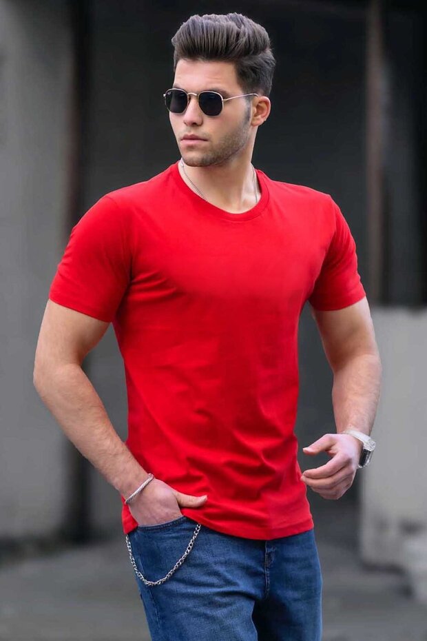 تي شيرت أحمر أساسي بياقة دائرية 3006 - 1