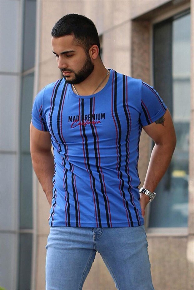 تي شيرت ساكس بتفاصيل مخططة مطبوعة Mad4048