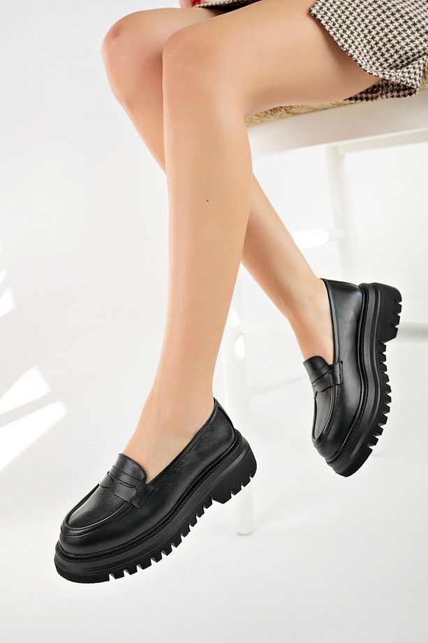 Siyah Hakiki Deri Kalın Tabanlı Kadın Loafer Ayakkabı Platform loafer Yüksek Taban Mokasen Ayakkabı - 2
