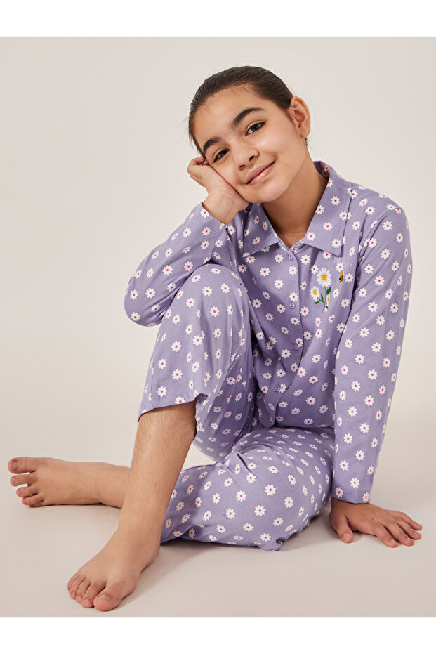 All-Over Daisy Print Long Sleeve Shirt and Pyjama Set