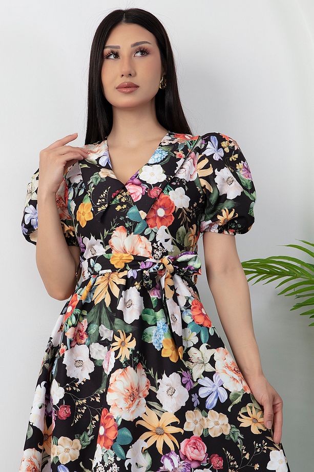 Bebe Yaka Kemerli Çiçekli Poplin Elbise GRS3467 - 7