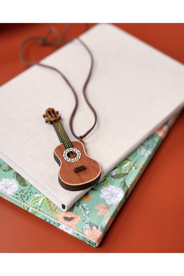 Wooden Guitar Design Necklace Handmade Music Themed Unisex Jewelry