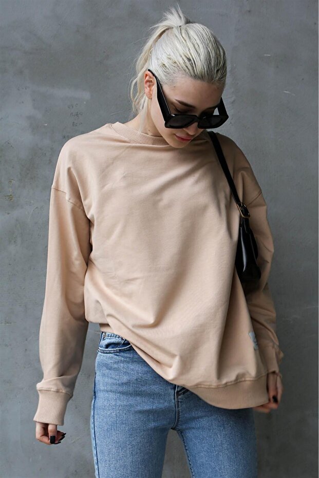 Bej Basic Oversize Kadın Sweatshirt MG1686 - 2