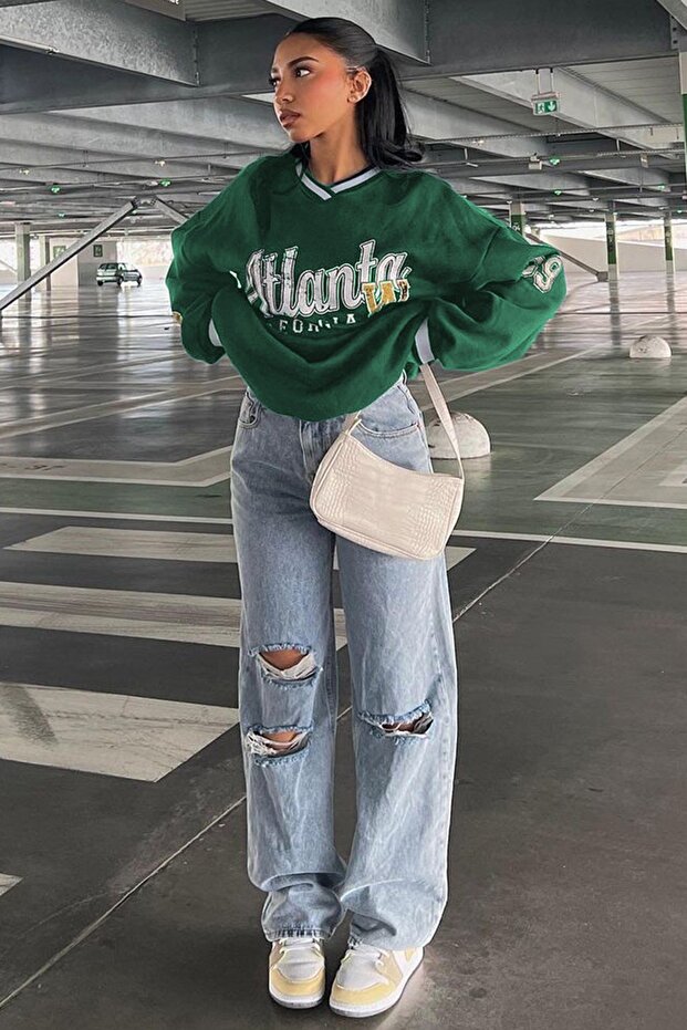 Green Printed V-Neck Sweatshirt Mg1576