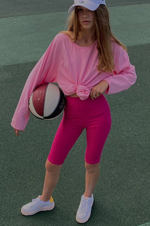 Pembe Basic Bisiklet Yaka Kadın Sweatshirt Mg1676 - 6
