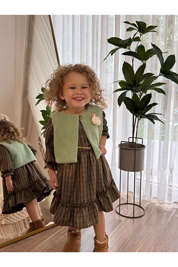 Plaid Girls' Dress with Plush Vest