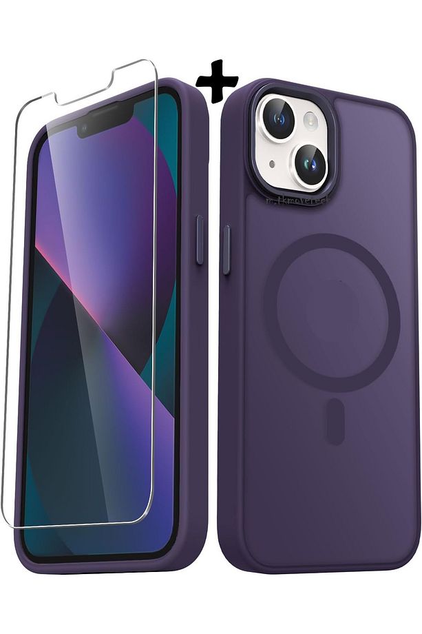 İphone 13 Ve 14 Uyumlu Kılıf Mat Magsafe Şarj Özellikli Yumuşak Renkli Kapak +Ekran Koruyucu Cam Set - 1