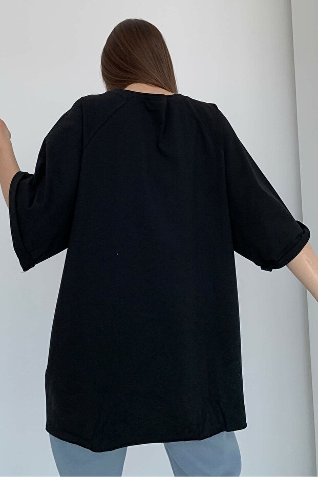 Tricou negru oversize Basic pentru damă - 2
