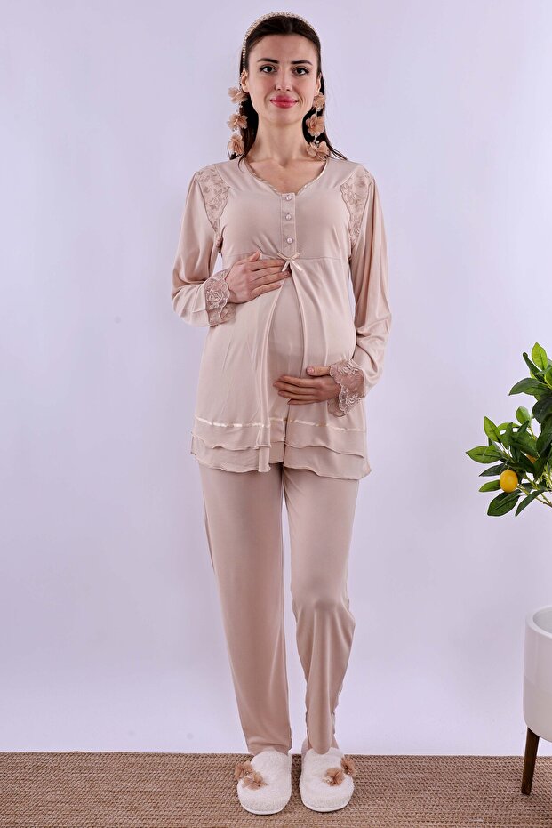 Prenatal and Postnatal Cotton Maternity Pajama Set with Nursing Features Effortt - Milk Coffee