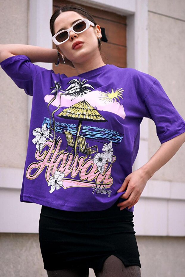 Purple Printed Crew Neck Women's T-Shirt Mg1765