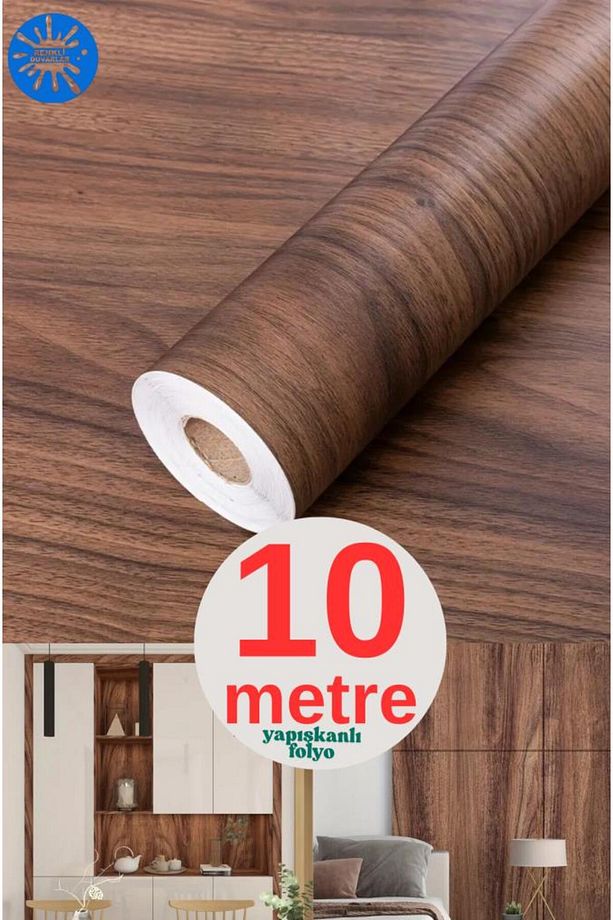 45cm x 10 Metre 1 Adet Rulo Yapışkanlı Koyu Ahşap Görünümlü Mutfak Duvar Kaplama Folyosu Kağıdı - 1