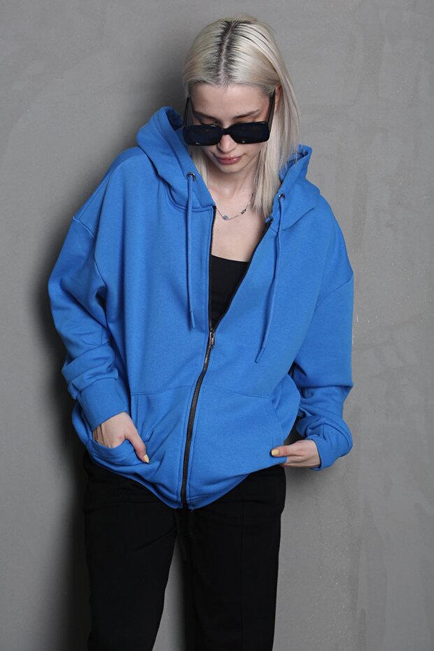 Mavi Kapüşonlu Basic Sweatshirt MG1900 - 2