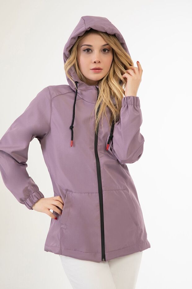 Women's Plum Hooded Waterproof and Wind Resistant Lined Raincoat with Pockets - Windbreaker