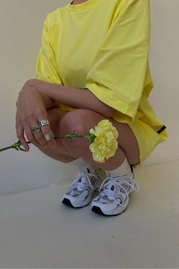 Sarı Oversize Basic Kadın Tişört - 4