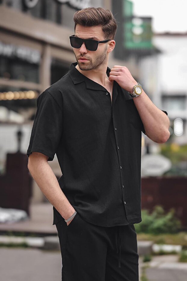 Erkek Siyah Basic Oversize Gömlek Takımı 5588 - 2