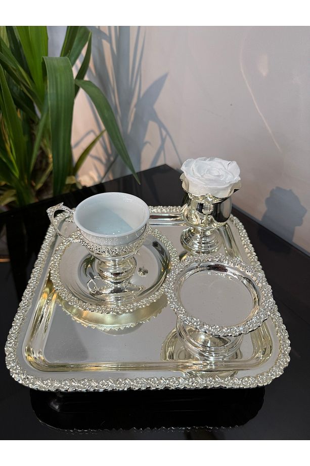 AVANGARDE GÜMÜŞ KAPLAMA GÜL BORDÜRLÜ DAMAT KAHVE SETİ - 7